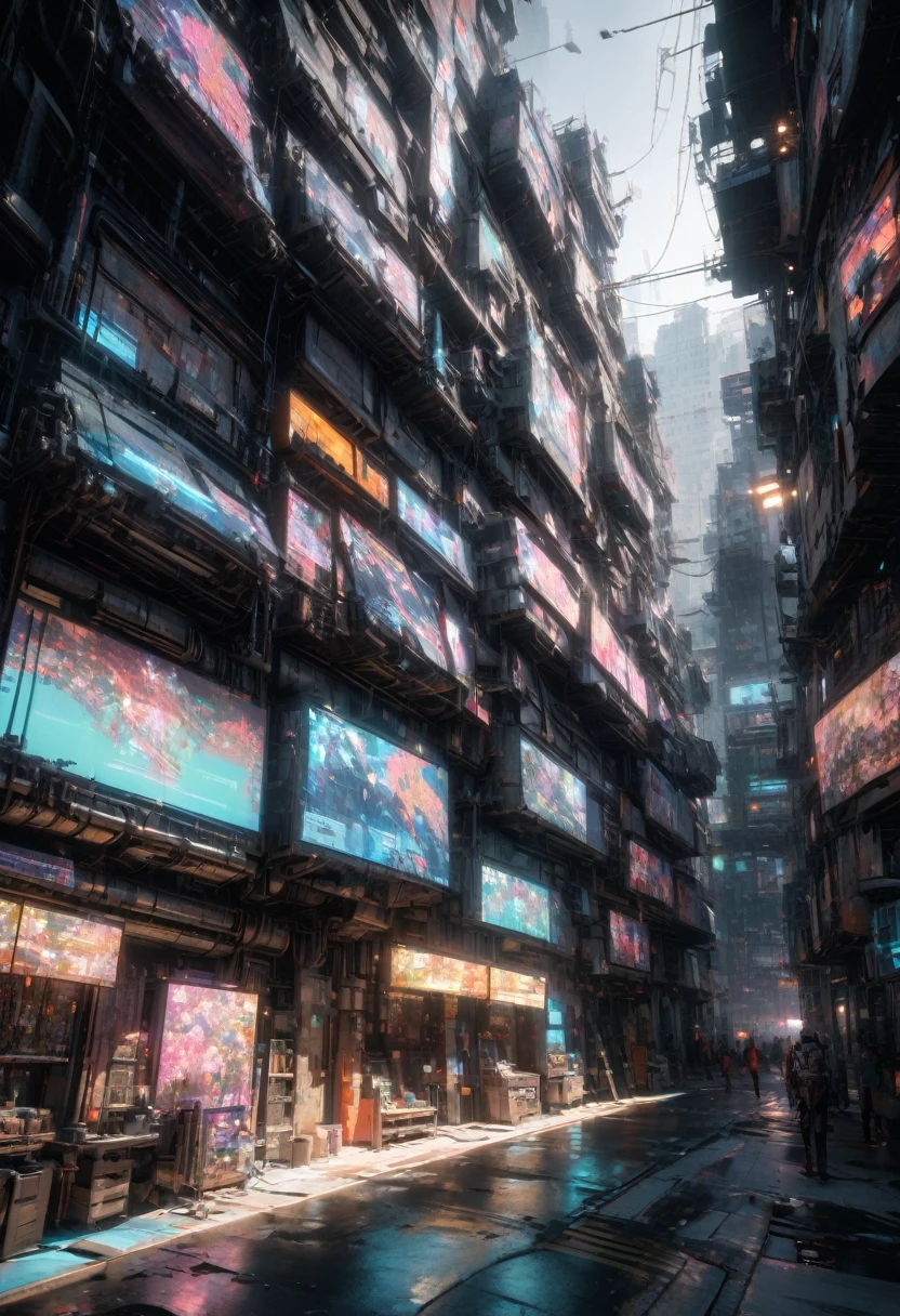 People live, Future city slums , Bright lighting, Spirited, Very crowded, Populous, Color Scheme, Art Station, Create ultra-realistic renderings of aircraft,cyber punk. Street cables densely cover the areas between buildings. Lighting scene lights on, quality\(8k,非常に精細なCGユニットのwallpaper, masterpiece,High resolution,top-quality,top-quality real texture skin,Surreal,Increase the resolution,RAW Photos,最高quality,Very detailed,wallpaper,Cinema Lighting,Ray-tracing,Golden Ratio\),(Long Shot),landscape,