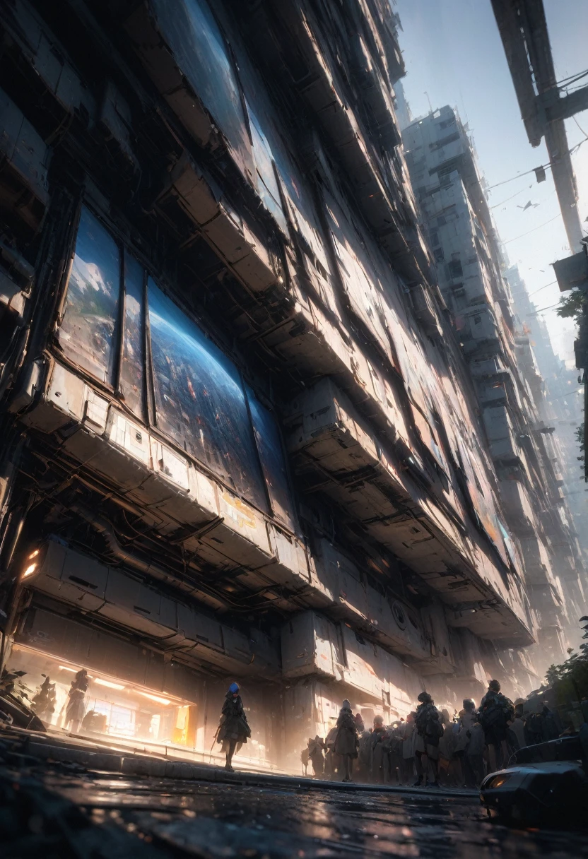 People live, Future city slums , Bright lighting, Spirited, Very crowded, Populous, Color Scheme, Art Station, Create ultra-realistic renderings of aircraft,cyber punk. Street cables densely cover the areas between buildings. Lighting scene lights on, quality\(8k,非常に精細なCGユニットのwallpaper, masterpiece,High resolution,top-quality,top-quality real texture skin,Surreal,Increase the resolution,RAW Photos,最高quality,Very detailed,wallpaper,Cinema Lighting,Ray-tracing,Golden Ratio\),(Long Shot),landscape,