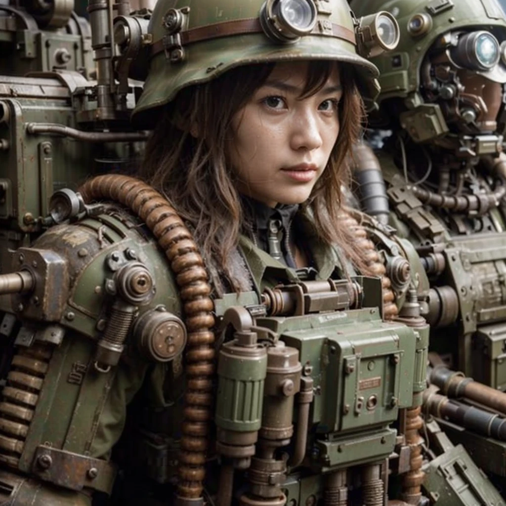 superrealism, ultra high res,8k,(Photorealsitic:1.4), (WWⅡ-like mechanical suit), Collapsed Cities, heavy weapons,vivid textures, beautiful hair, japanese female soldier,17 years old, (cute idle face),legs, ((super realistic all textures)), ((super intricate all details)), full body shot, ultra sharp photo result, beige color, scratch, Rust, weathering, Sweat, move, operational action in progress, steampunk, taken with Fuji film X-T30+Nokton. HDR10,Minimum of 4 pieces created