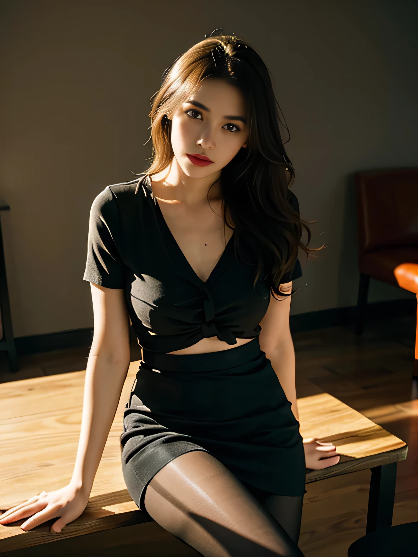 One girl,Young girl, Shiny skin,Medium chest,Beautiful leg lines:1.3, Narrow waist,, Knee socks,tie,((Pencil Skirt)),View your viewers,From below,( pantyhose:1.3),(Golden ratio numbers),(office, Sit on a chair:1.3),Close-range masterpiece, Highest quality, The best vantage point, Super detailed and intricate, Very delicate and beautiful, Highest quality light, (Ray Tracing:1.1), Anti-aliasing,
Realistic,photoRealistic,Award-winning illustrations,(Intricate details:1.2),(Delicate and detailed) (Intricate details),(Cinematic Light,Highest quality Backlights),Clear lines,Sharp focus,Official Art,unity 8k wallpaper,Absurd,incredibly Absurd,Large file size,Super detailed,High resolution,extremely detailed Very delicate and beautiful,RAW Photos, Professional Lighting,Dynamic Lighting,Light on the face,Depth of written boundary,Solo Focus,