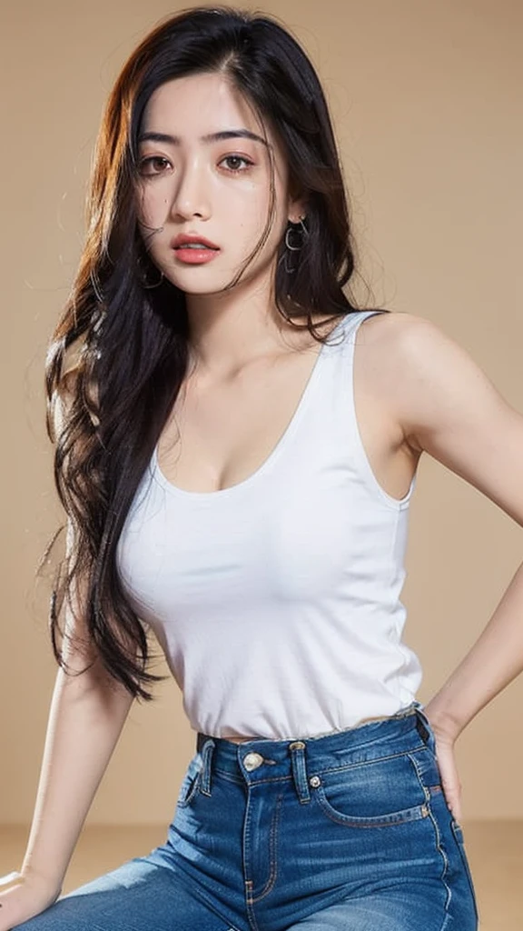 (lifelike, high - resolution:1.3), 1 girl with a perfect body, Super fine face and eyes,slong hair, Tank top of random colors:1.2, short jeans, big boob,Expose cleavage