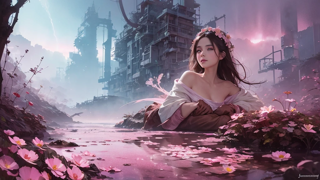 32k, Masterpiece, Highest quality, One girl, Detailed eyes, flower,Sandersonia, Pink and brown style,A dreamy, romantic piece,Pale pink, Mysterious Leaves,A playful arrangement,Fantasy,High Contrast,Ink strokes,explosion,Exposure, Impression of pink and brown tones,Abstract,((Watercolours by John Berkey and Jeremy Mann )) Brush strokes,Negative Space, Tyndall effect,