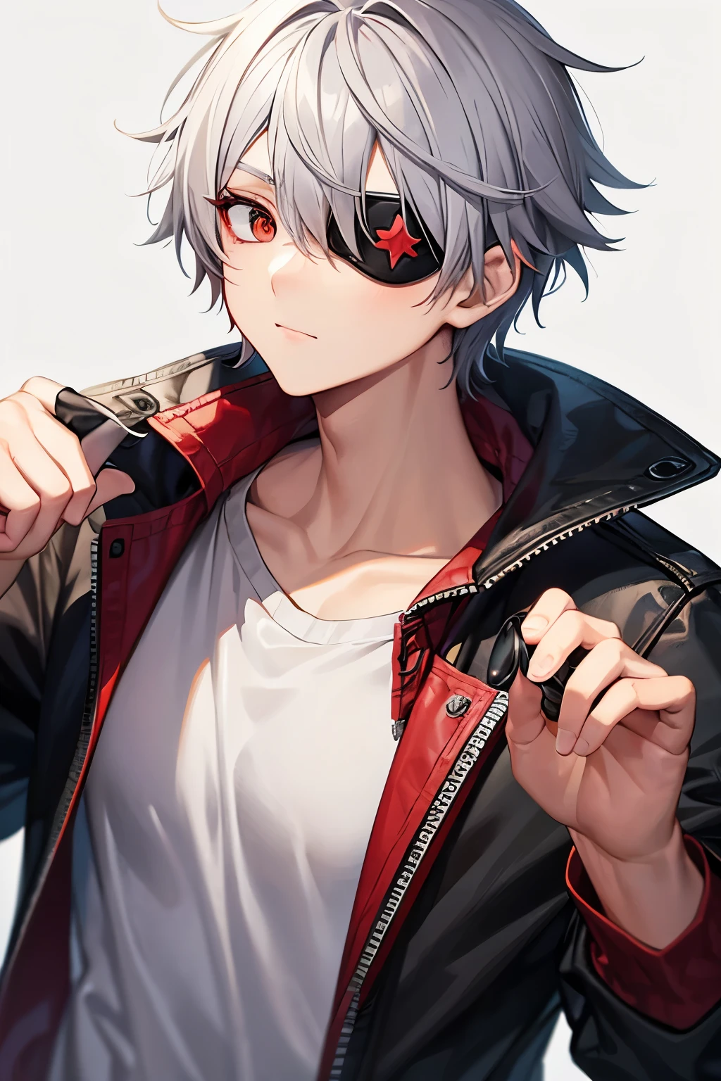 Eyes, red, gray hair, high school clothes, eye patch over left eye, male, short hair.