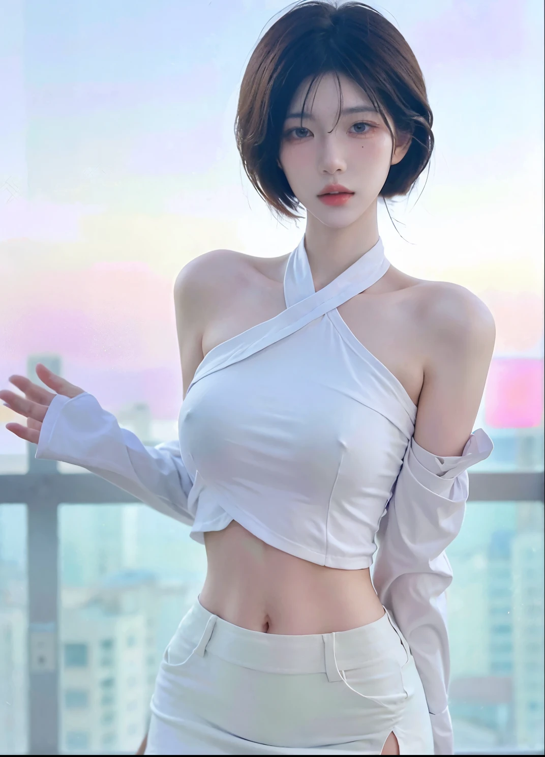 Beautiful woman with perfect figure:1.4,Ultra-high resolution,White background,(lifelike:1.4),Layered Hairstyle,White skin,Bikini:1.5,Super short pleated skirt,whole body,Very delicate face and skin texture,Double eyelids,Skin Whitening,short hair,White hair