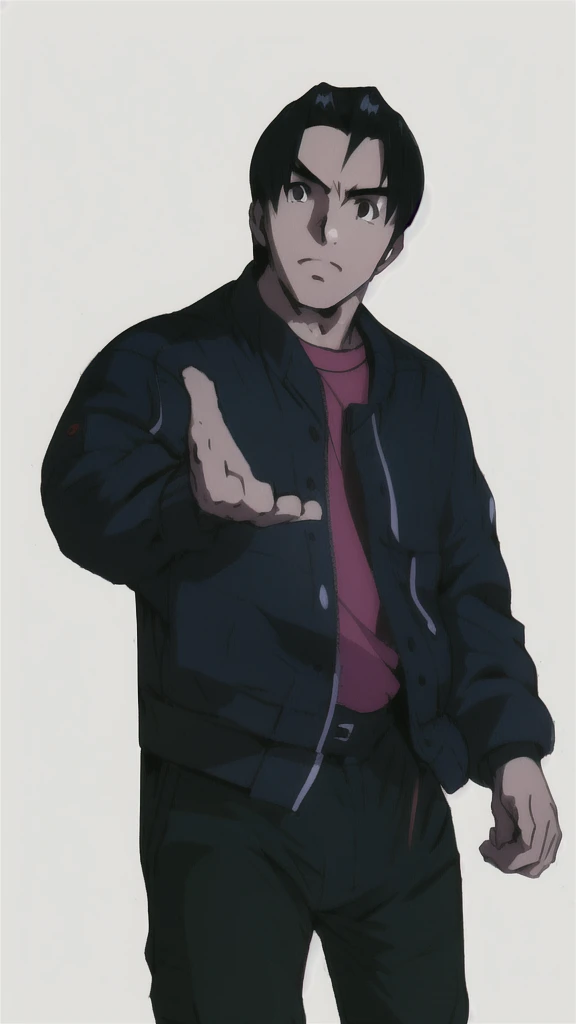 boy in a bomber jacket, detailed hands, aesthetic hands, perfect hands, black hair, minimalist design, clean lines, detailed figures, simple composition, Lineart, like fighting game artwork, tetsuya nomura art, kinu nishimura art,