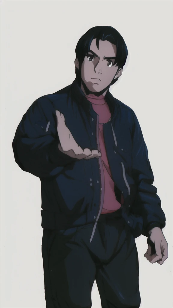 boy in a bomber jacket, detailed hands, aesthetic hands, perfect hands, black hair, minimalist design, clean lines, detailed figures, simple composition, Lineart, like fighting game artwork, tetsuya nomura art, kinu nishimura art,