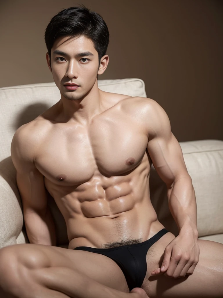 Asian male model in thongs, handsome asian guy, handsome man, Full Body Shoot, photoshoot, portrait, studio lighting, look at camera, detailed facial parts, Manly, Charmer, Active Boy, sitting on sofa, spread legs, lifted arms, anguished expression, perfect anatomy, symmetric body, asian boy 30years old, shirtless :: high detail, asian, a little six packs attractive body, realistic, human skin, Short Hairstyle, handsome chad chin, shirtless, handsome, attractive, slightly muscular man, masculine, sexually attractive, human skin, (eyes contact), Handsome, Attractive, pubes