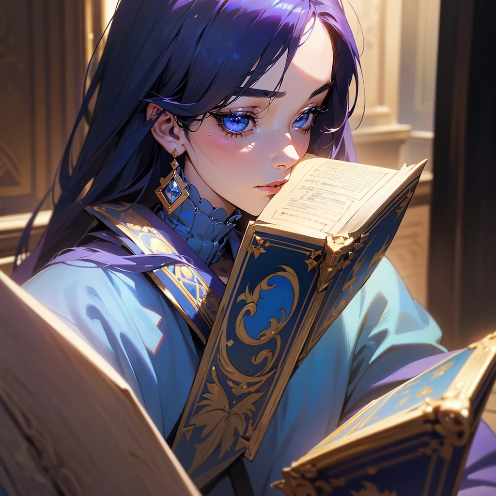 a detailed portrait of a young man, 18 years old, with purple hair, holding an ancient magic tome, surrounded by a blue aura, with piercing blue eyes, wearing traditional Taisho period attire, in a royal palace setting, (best quality,4k,8k,highres,masterpiece:1.2),ultra-detailed,(realistic,photorealistic,photo-realistic:1.37),intricate details,highly detailed face,extremely detailed eyes and face,beautiful detailed eyes,beautiful detailed lips,longeyelashes,royal palace interior,ancient tome,blue aura,ornate architecture,dramatic lighting,muted color palette,historical fantasy