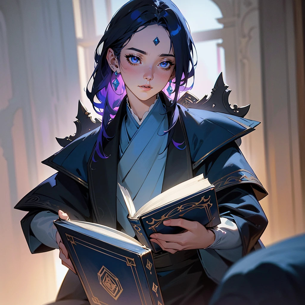 a detailed portrait of a young man, 18 years old, with purple hair, holding an ancient magic tome, surrounded by a blue aura, with piercing blue eyes, wearing traditional Taisho period attire, in a royal palace setting, (best quality,4k,8k,highres,masterpiece:1.2),ultra-detailed,(realistic,photorealistic,photo-realistic:1.37),intricate details,highly detailed face,extremely detailed eyes and face,beautiful detailed eyes,beautiful detailed lips,longeyelashes,royal palace interior,ancient tome,blue aura,ornate architecture,dramatic lighting,muted color palette,historical fantasy