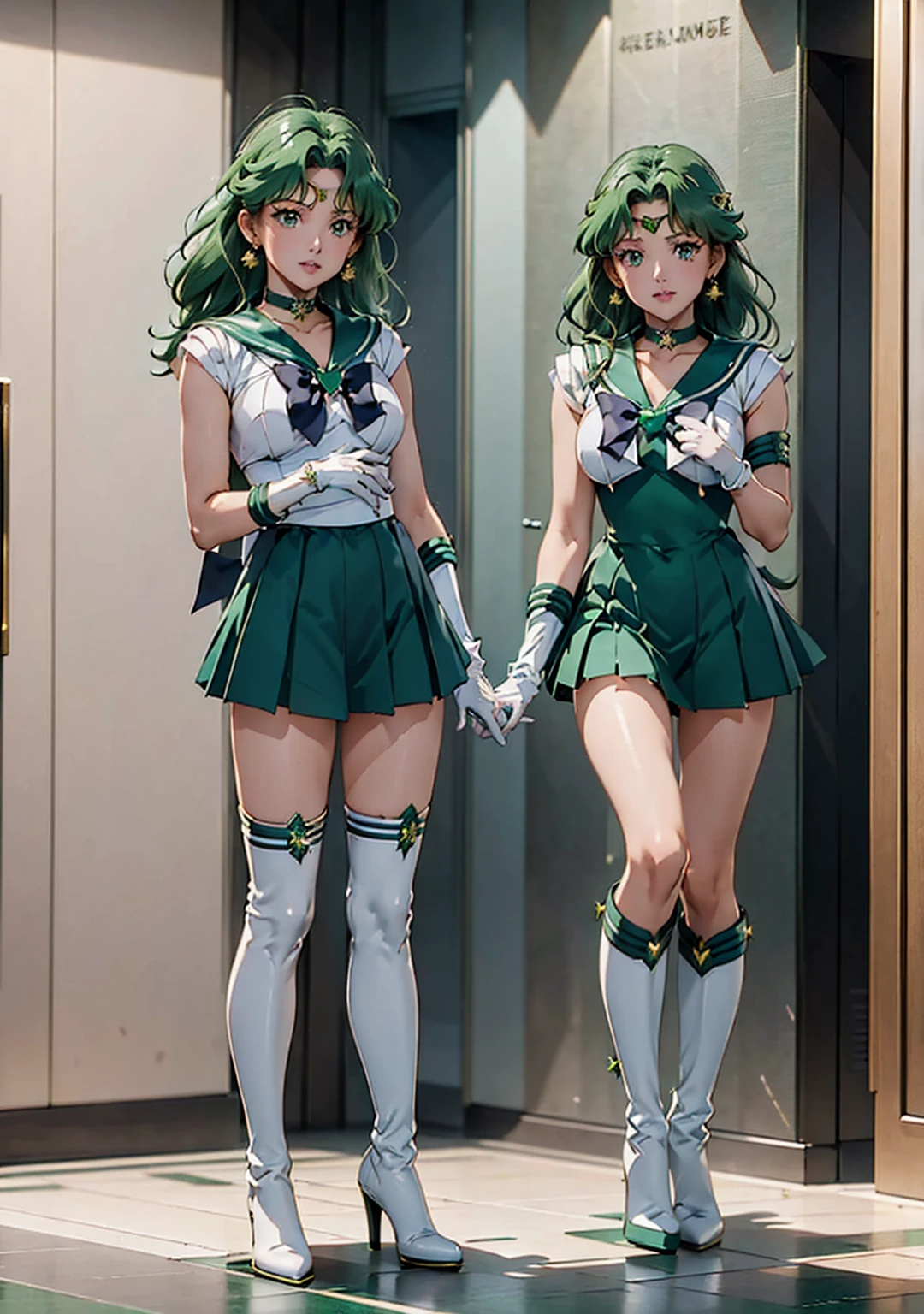 (La Highest quality,High resolution,Very detailed,Actual),Ariana Grande,((One Girl)), Sailor Neptune, (Sailor Warrior Uniforms:1.4), 濃いGreen Hair, Medium Hair, Supplicant Skirt, Earrings, (白いElbow hand pockets:1.4), gem, Center of chest, Dynamic Background, Dynamic posture, High heels,More detailed 8K.Unreal Engine:1.4,超High resolution,La Highest quality:1.4, Realistic:1.4, Skin Texture:1.4, masterpiece:1.8,masterpiece, Highest quality,object, (Detailed facial features:1.3),(Great hands),,(White knee-high boots: 1.4), choker, (White gloves:1.4), choker verde, Elbow hand pockets, gem, Earrings, Green Skirt, Green Hair,(Sailor Neptune:1.4),(Half Body:1.4) ,(Hand Detail:1.4 ), ,( Cyberpunk 2.1),( Beautiful green eyes ), ((Spreading pussy:1.5)), ((Spread your legs:1.3)),((Lying in bed 1.3)), ((Good elevator:1.5)), ((Showing nipples:1.2)), From the knee up