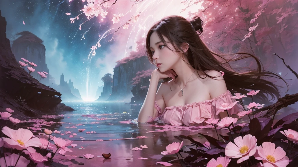 32k, Masterpiece, Highest quality, One girl, Detailed eyes, flower,Sandersonia, Pink and brown style,A dreamy, romantic piece,Pale pink, Mysterious Leaves,A playful arrangement,Fantasy,High Contrast,Ink strokes,explosion,Exposure, Impression of pink and brown tones,Abstract,((Watercolours by John Berkey and Jeremy Mann )) Brush strokes,Negative Space, Tyndall effect,