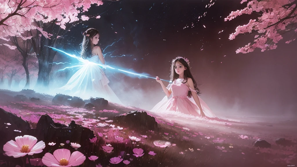 32k, Masterpiece, Highest quality, One girl, Detailed eyes, flower,Sandersonia, Pink and brown style,A dreamy, romantic piece,Pale pink, Mysterious Leaves,A playful arrangement,Fantasy,High Contrast,Ink strokes,explosion,Exposure, Impression of pink and brown tones,Abstract,((Watercolours by John Berkey and Jeremy Mann )) Brush strokes,Negative Space, Tyndall effect,