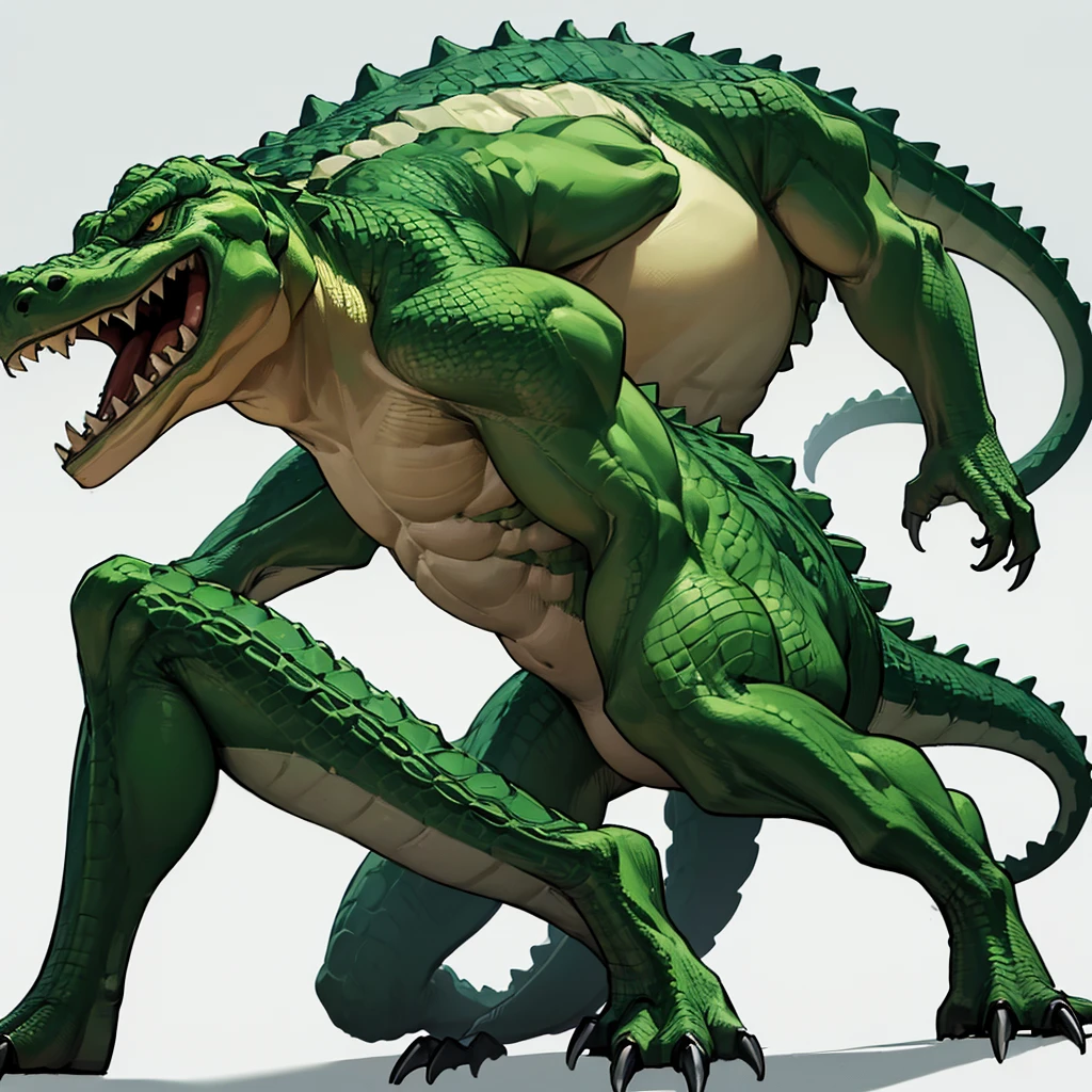 ((((No humans))))、Libra, reptiles, Humanity, Crocodile, green body, scale, There is nothing there, Crocodilian, facial, Muscular, green scale, teeth、get annoyed、Fighting stance、Fighting Pose、Movement angle、Run、(White background)、front