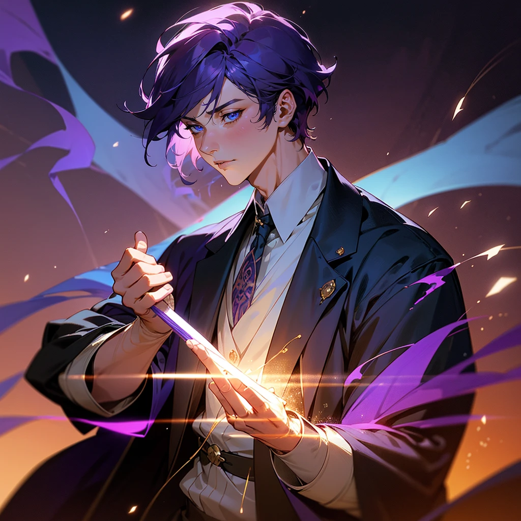 A young man with purple hair, blue eyes, and a blue aura, holding an ancient magical tome, set in the Taisho period, highly detailed, realistic, photorealistic, 8k, masterpiece, intricate details, cinematic lighting, dramatic composition, warm color tones