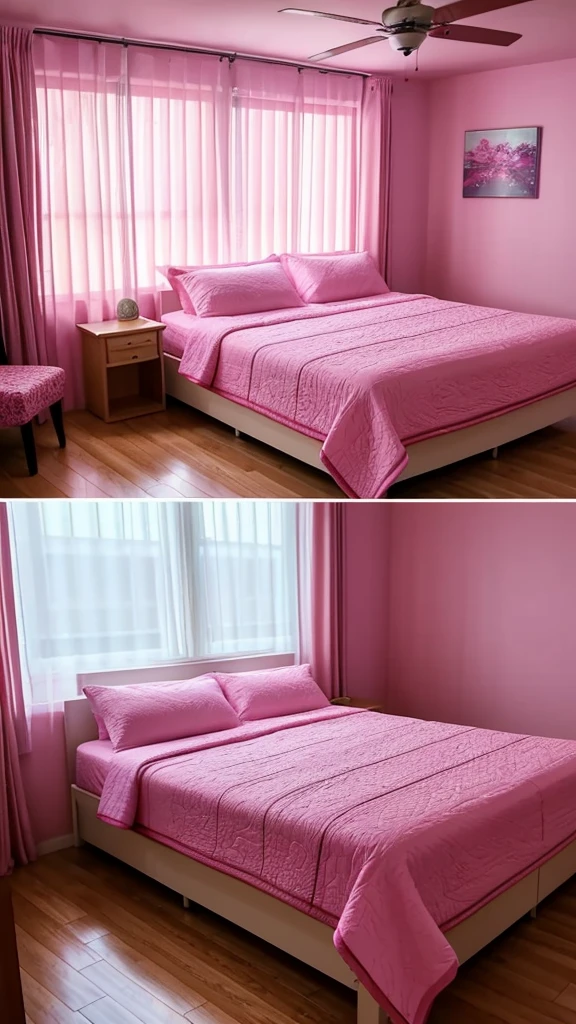 There is a bed with a pink quilt and a floor-to-ceiling glass window, Comfortable room, Comfortable lighting, Comfortable bed, Neon, Comfortable atmosphere, Comfortable place, Cozy aesthetics, Luminous aesthetics, Comfortable and calm, Comfortable atmosphere, Beautiful lighting, Comfortable lighting, comfortable environment, Night lights, Comfortable and peaceful atmosphere, Window glow
