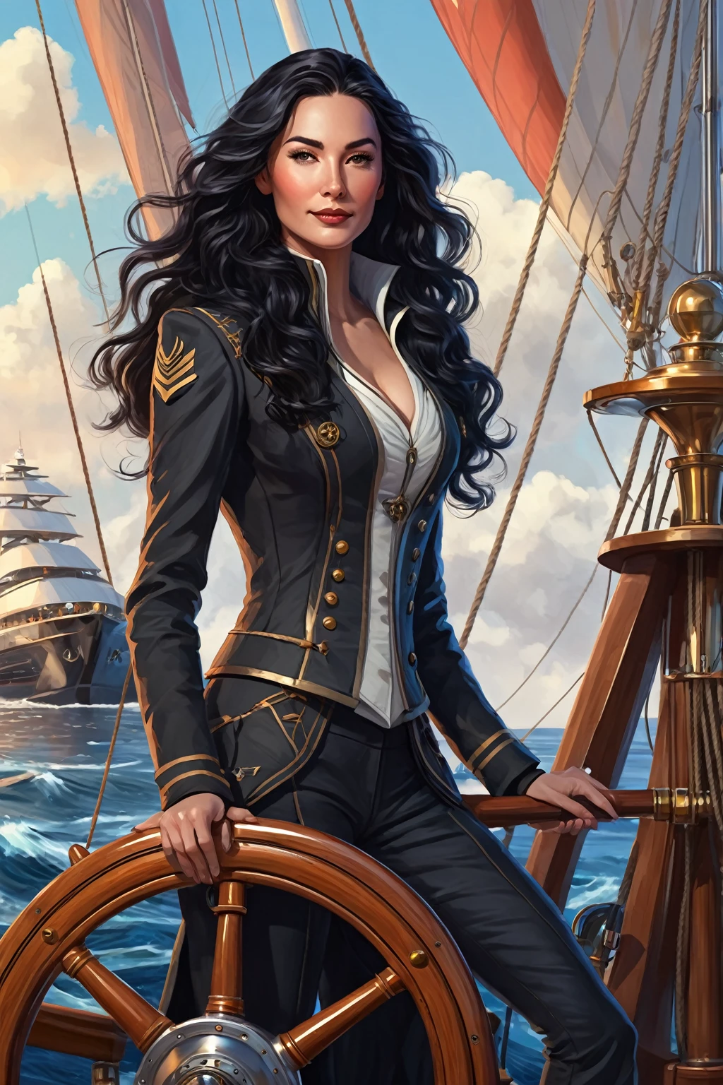 Create a portrait of a woman with long black wavy hair who is an AI captain of an AI Sailship and sets sails for the adventure with a group of other amazing women. She holds the wheel and stands on the AI sailship. Use the mix of sci-fi/fantasy style.