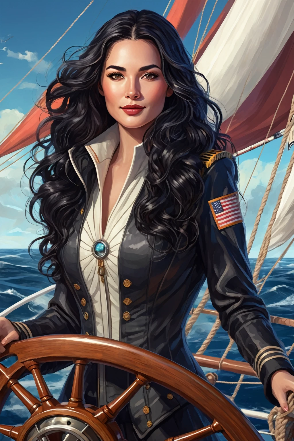 Create a portrait of a woman with long black wavy hair who is an AI captain of an AI Sailship and sets sails for the adventure with a group of other amazing women. She holds the wheel and stands on the AI sailship. Use the mix of sci-fi/fantasy style.