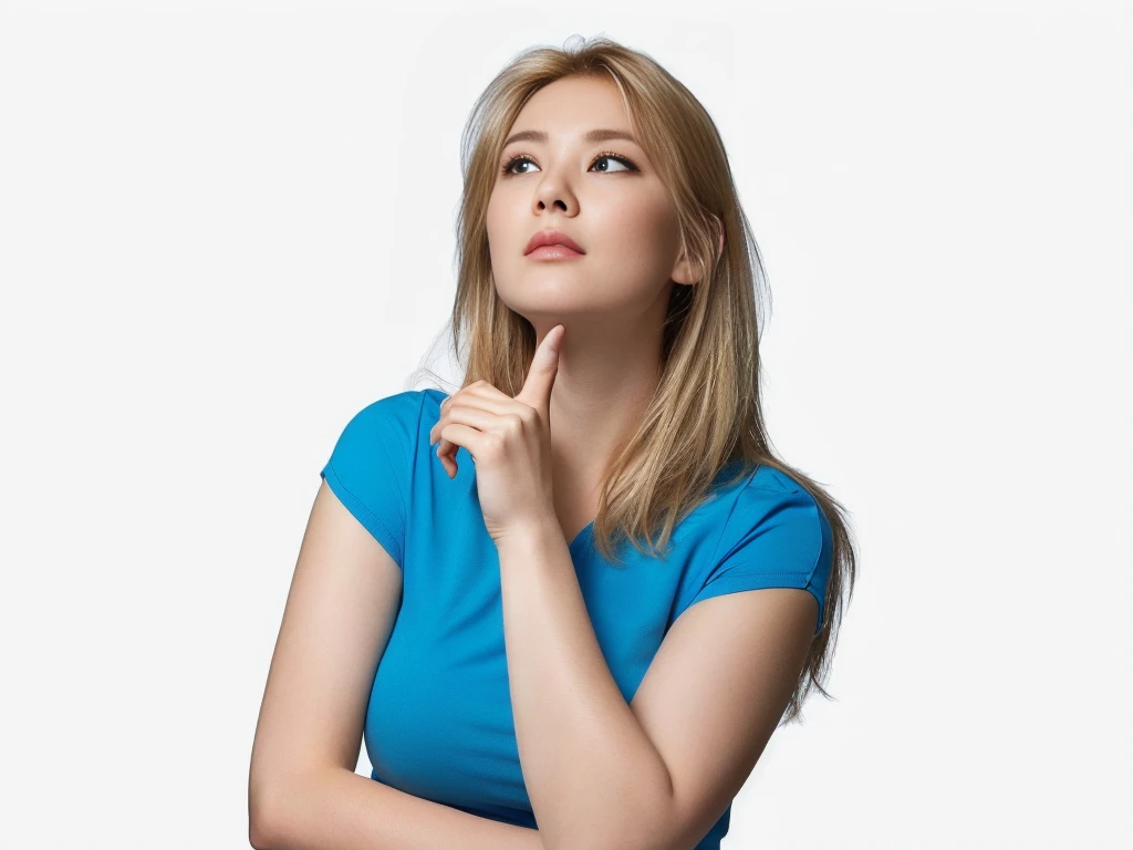 Blonde woman in a blue shirt looking up with hand on chin, Thinking pose, Young woman looking up, Thoughtful pose, Lost in Thought and hopeful expression, Thoughtful expression, dramatic Thinking pose, Thoughtful, Hand on chin, consider, Pointed jaws, with a Pointed jaws, Women&#39;s photos, Lost in Thought expression, Profile Pose, Look to the side, Lost in Thought