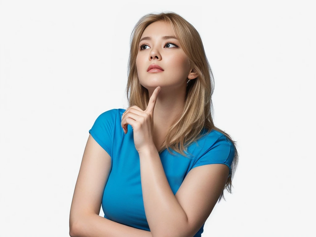 Blonde woman in a blue shirt looking up with hand on chin, Thinking pose, Young woman looking up, Thoughtful pose, Lost in Thought and hopeful expression, Thoughtful expression, dramatic Thinking pose, Thoughtful, Hand on chin, consider, Pointed jaws, with a Pointed jaws, Women's photos, Lost in Thought expression, Profile Pose, Look to the side, Lost in Thought