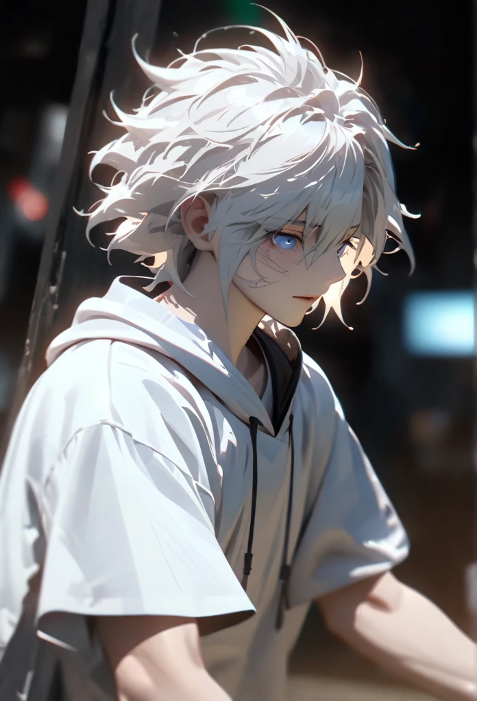 (solo), white hair, messy hair, mane hair, short hair, dense hair, wild hair, expressive hair, (25 year old), pale skin, ((male)), blue eyes, handsome boy, wearing a white robe, white hood, rolled up sleeves, beautiful, attractive, eye reflection, depth of field, thunder aura, cinematic lighting, ray tracing, depth of field, cinematic lighting, ray tracing, UHD, high details, best quality, highres, high quality, award winning, super detail, masterpiece, 8k, UHD, high details, best quality, highres, high quality, award winning, super detail, masterpiece, 8k, digital art, anime coloring, body shot, good face, perfect face, detailed face, good eyes. The background is space.