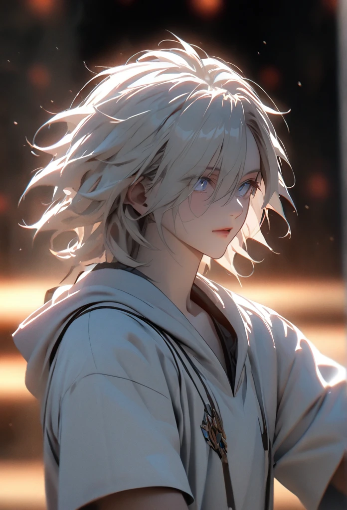 (solo), white hair, messy hair, mane hair, short hair, dense hair, wild hair, expressive hair, (25 year old), pale skin, ((male)), blue eyes, handsome boy, wearing a white robe, white hood, rolled up sleeves, beautiful, attractive, eye reflection, depth of field, thunder aura, cinematic lighting, ray tracing, depth of field, cinematic lighting, ray tracing, UHD, high details, best quality, highres, high quality, award winning, super detail, masterpiece, 8k, UHD, high details, best quality, highres, high quality, award winning, super detail, masterpiece, 8k, digital art, anime coloring, body shot, good face, perfect face, detailed face, good eyes. The background is space.