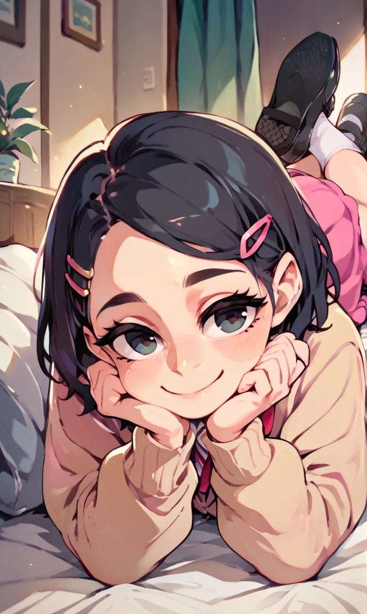 (score_9, score_8_up), score_7_up, score_6_up, score_5_up, score_4_up, Zenko, 1girl, black hair, hair ornament, hairclip, black eyes, short hair, beige cardigan, cardigan, pink dress, red ribbon, lying on bed, on stomach, elbow rest, hands on chin, looking away, gentle smile, white socks, black footwear, legs up, cheeks, pout, indoors, bedroom, close-up xaxaxa