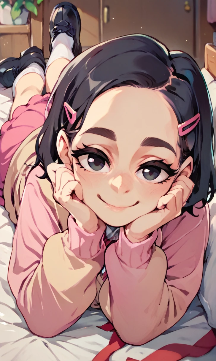 (score_9, score_8_up), score_7_up, score_6_up, score_5_up, score_4_up, Zenko, 1girl, black hair, hair ornament, hairclip, black eyes, short hair, beige cardigan, cardigan, pink dress, red ribbon, lying on bed, on stomach, elbow rest, hands on chin, looking away, gentle smile, white socks, black footwear, legs up, cheeks, pout, indoors, bedroom, close-up xaxaxa