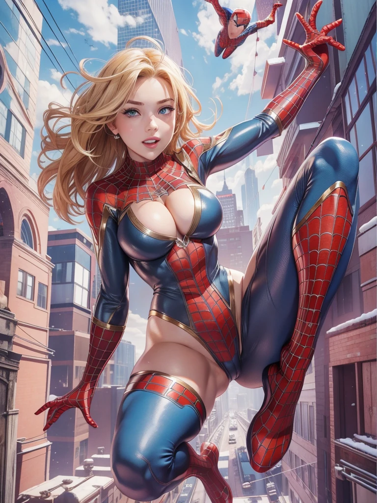 A girl，Female Spider-Man，Beautiful face，blond，Blue Eyes，Lively expressions，A charming smile。Red tights mesh pattern，Rooftop，Skyscraper Rooftop Terminal Jump，Full figure，huge breasts, huge ass, With bare legs，，sexy uniform, Light and shadow effects，Fine image quality，excellent work，8K