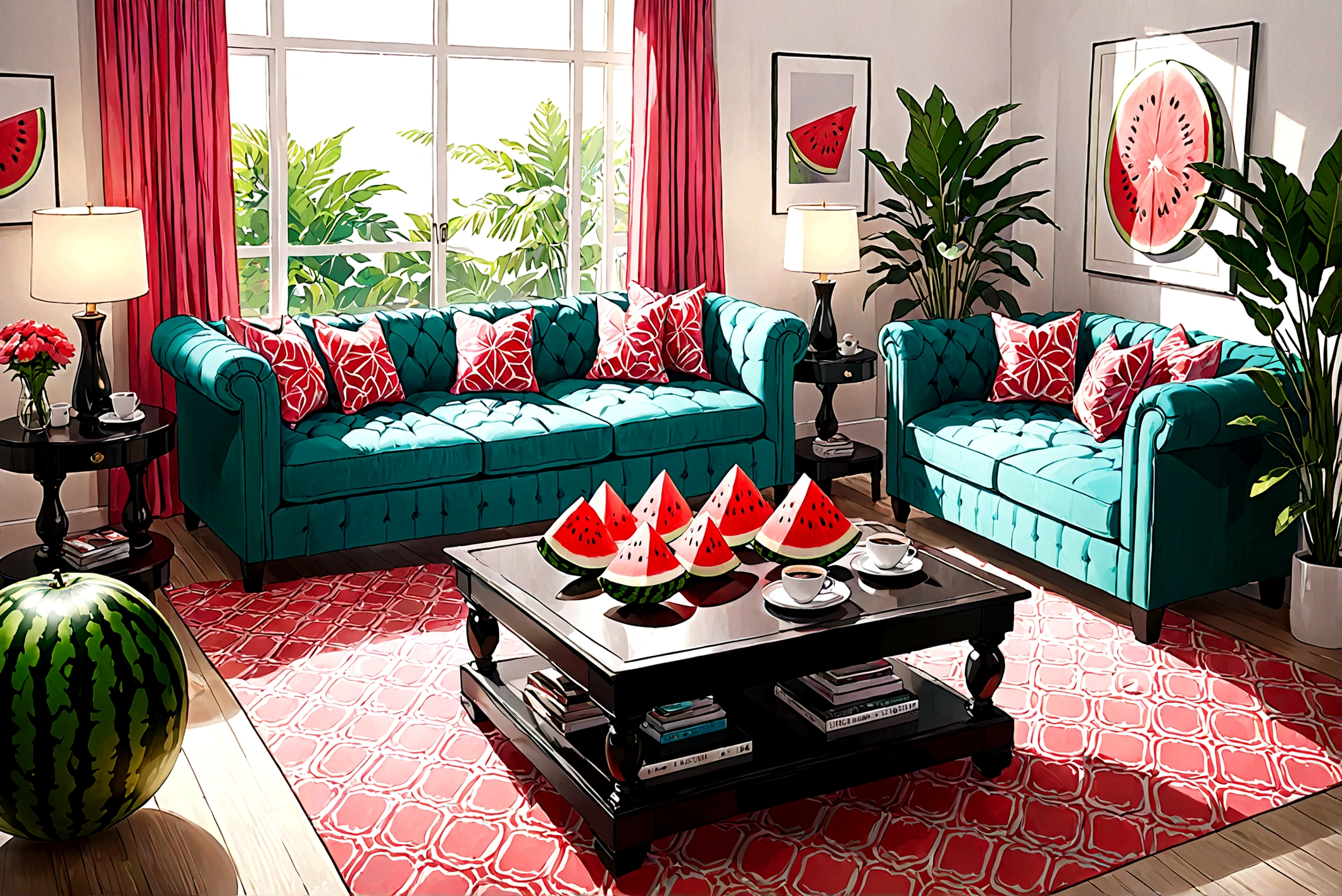 Summer，living room，coffee table，Cut watermelon