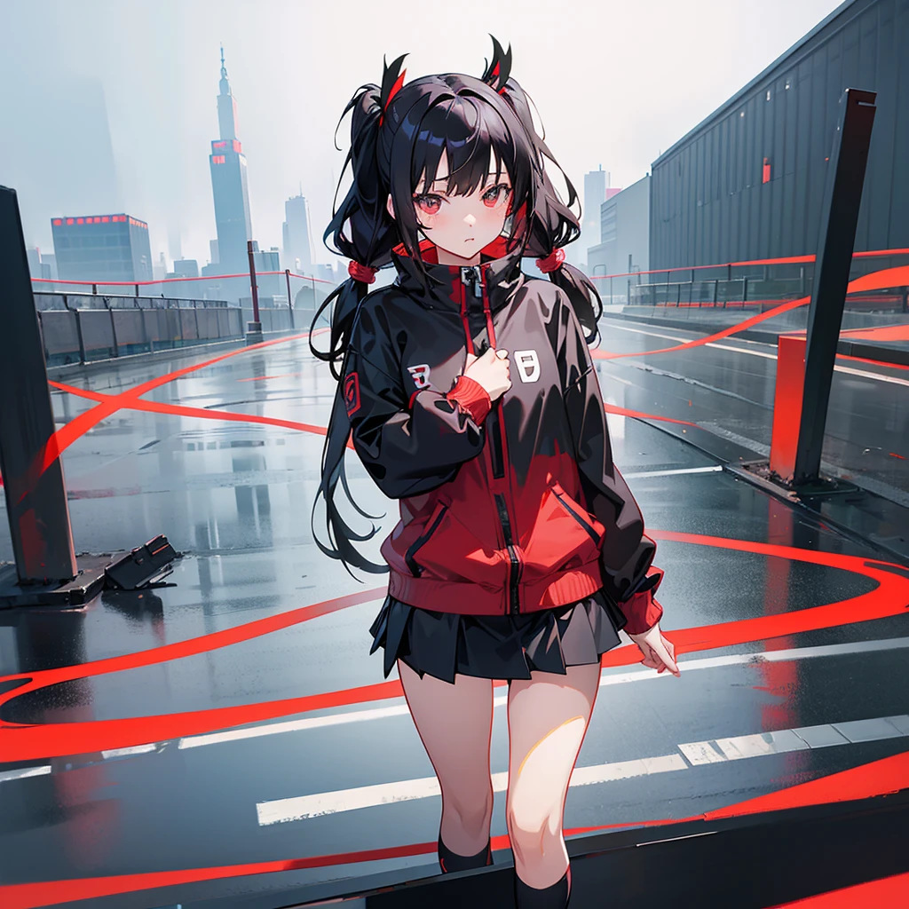 Anime, girl in a short miniskirt, panties visible, red-black hair, Twin Tail, in a beautiful area, rainy weather. 