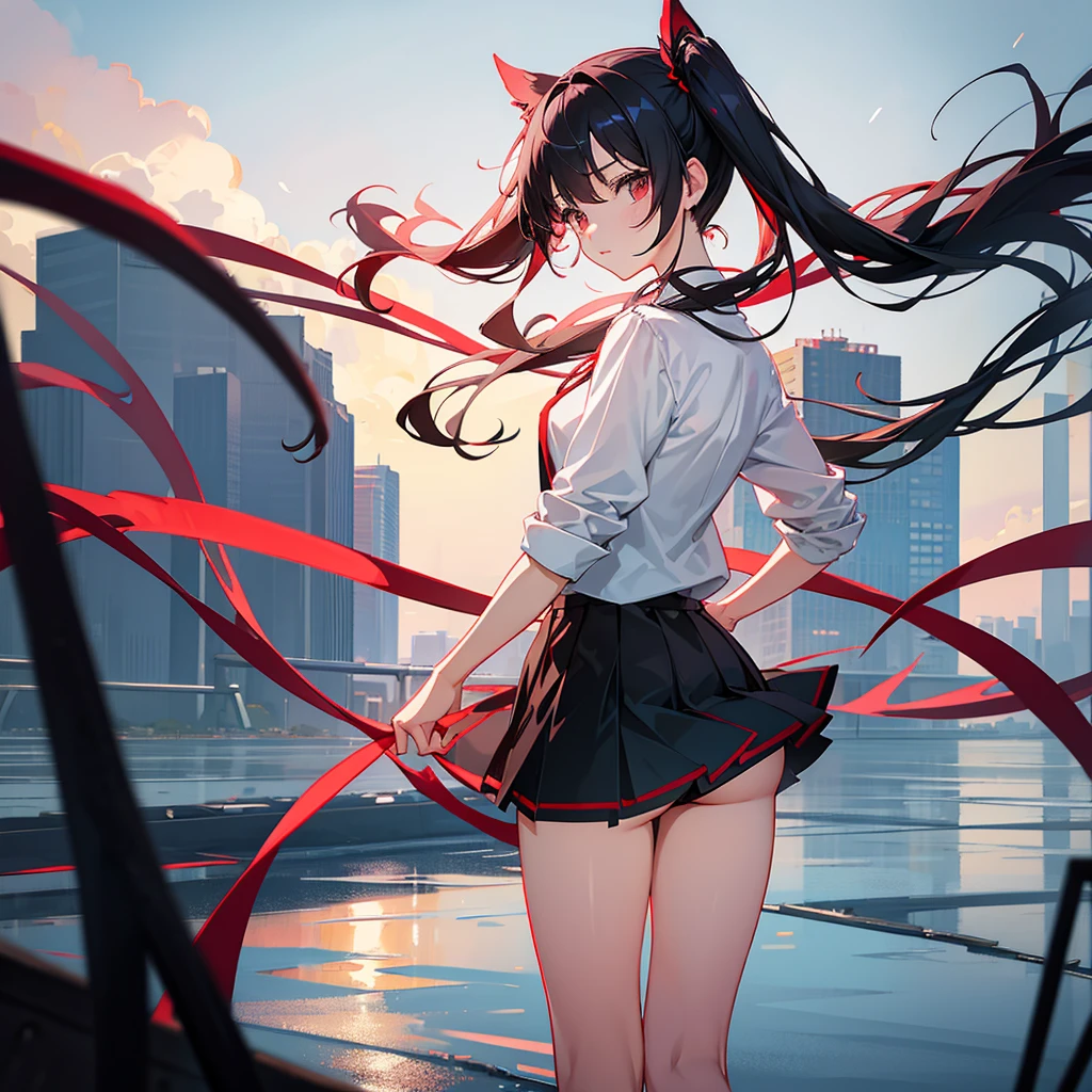 Anime, girl in a short miniskirt, panties visible, red-black hair, Twin Tail, in a beautiful area, rainy weather. 