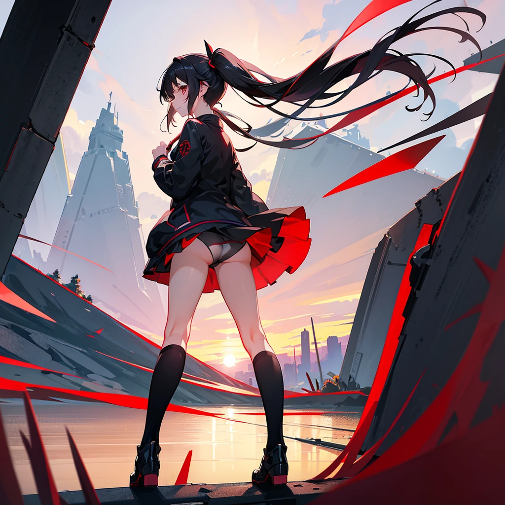 Anime, girl in a short miniskirt, panties visible, red-black hair, Twin Tail, in a beautiful area, rainy weather. 