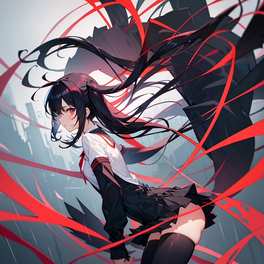 Anime, girl in a short miniskirt, panties visible, red-black hair, Twin Tail, in a beautiful area, rainy weather.