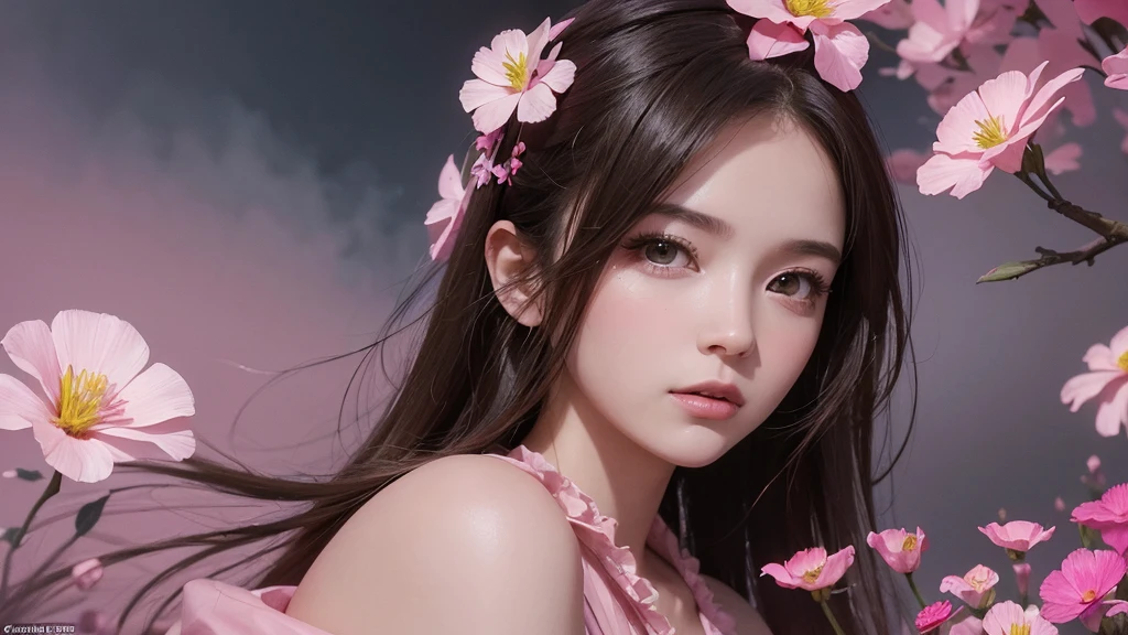 32k, Masterpiece, Highest quality, One girl, Detailed eyes, flower,Sandersonia, Pink and brown style,A dreamy, romantic piece,Pale pink, Mysterious Leaves,A playful arrangement,Fantasy,High Contrast,Ink strokes,explosion,Exposure, Impression of pink and brown tones,Abstract,((Watercolours by John Berkey and Jeremy Mann )) Brush strokes,Negative Space, Tyndall effect,