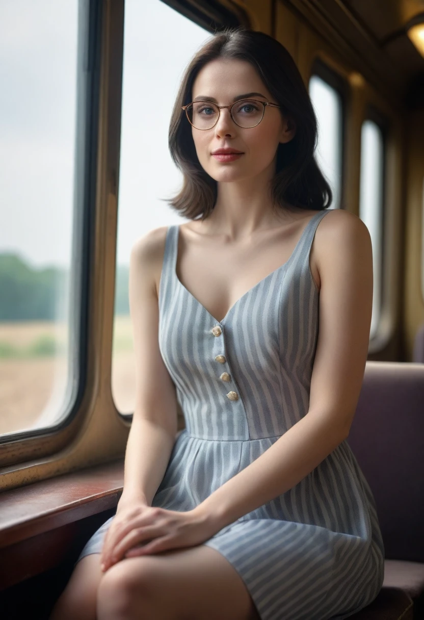 (Best quality, Ultra detailed, Golden ratio, Masterpiece:1.2), Theatrical lighting:0.7, Photo of a woman, dressed in a very elegant and pretty dress, Perfect rare face, (Highly detailed skin), long black straight hair, skin texture, Pale skin, shiny skin, (thin, large size:1.5), [:(Sharp focus on rare face, perfect eyes:1.5):0.2], photorealistic, film grain, Put one foot forward, from below looking up, look at camera, Emphasize the shoulders, Focus on face, Stockings, glasses, Smile with corners of mouth raised, disdainful expression, summer haze, muted colors, muted warm colors, Photo cinematic portrait of a woman dressed in a striped dress sitting by the window in the early morning, cinematic, (tilted:1.3) (on an old train) look cautious, standing under a spotlight, volumetric dust clouds, key light, backlight, soft natural lighting, photography Film grain ISO 600 30 mm lens RAW f1.8 aperture, highly detailed (analog photography:1), colors hdr
