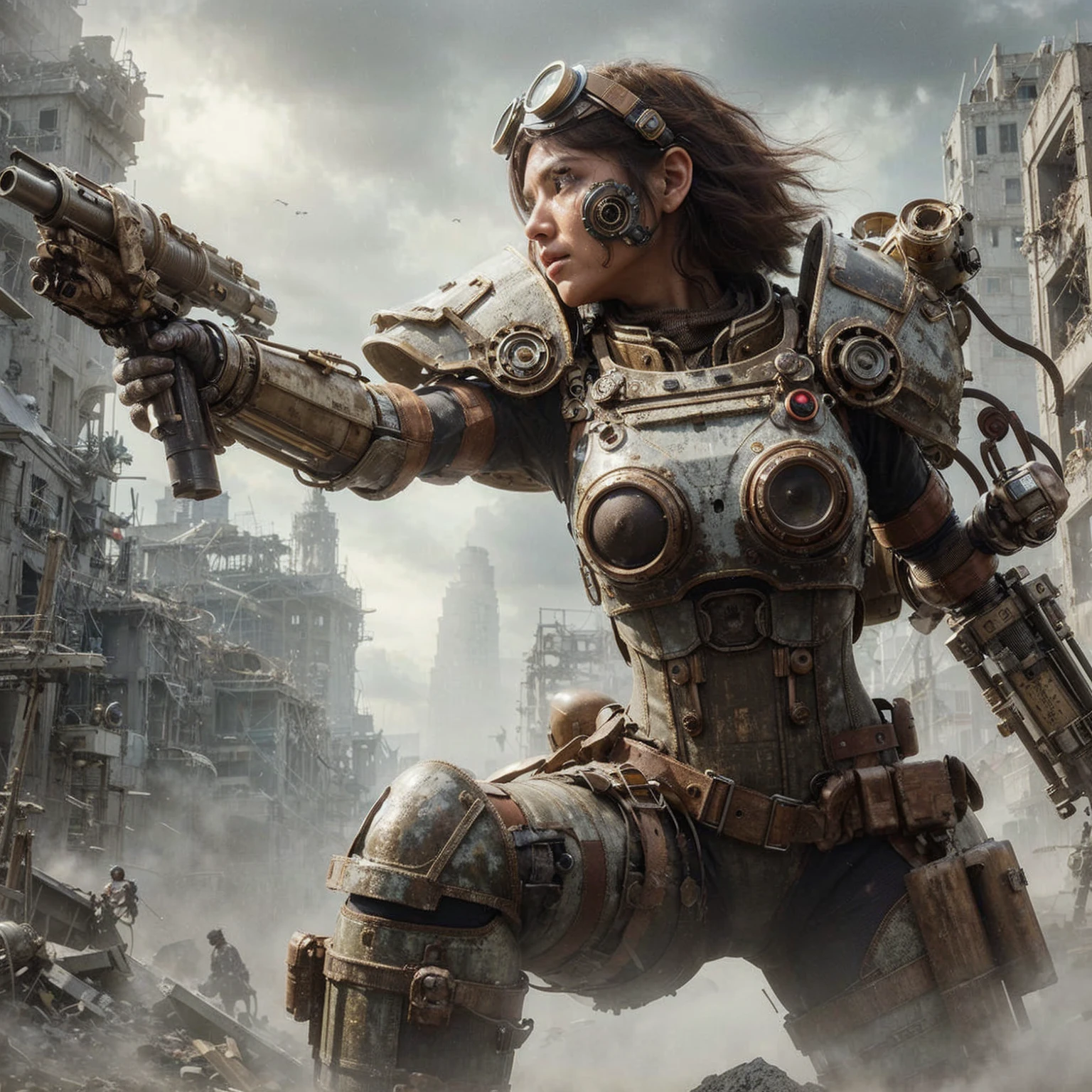 superrealism, ultra high res,8k,(Photorealsitic:1.4), (WWⅡ-like mechanical suit), Collapsed Cities, heavy weapons,vivid textures, beautiful hair, japanese female soldier,(cute idle face),legs, ((super realistic all textures)), ((super intricate all details)), full body shot, ultra sharp photo result, beige color, scratch, Rust, weathering, Sweat, move, operational action in progress, steampunk, taken with Fuji film X-T30+Nokton. HDR10,Minimum of 4 pieces created