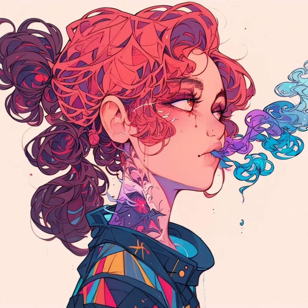 score_9, score_8_up, score_7_up, score_6_up, score_5_up, score_4_up, did vaporwave style, solo, 1girl, female, water, white background, red eyes, simple background, from side, glitching, smoke, in tatters,