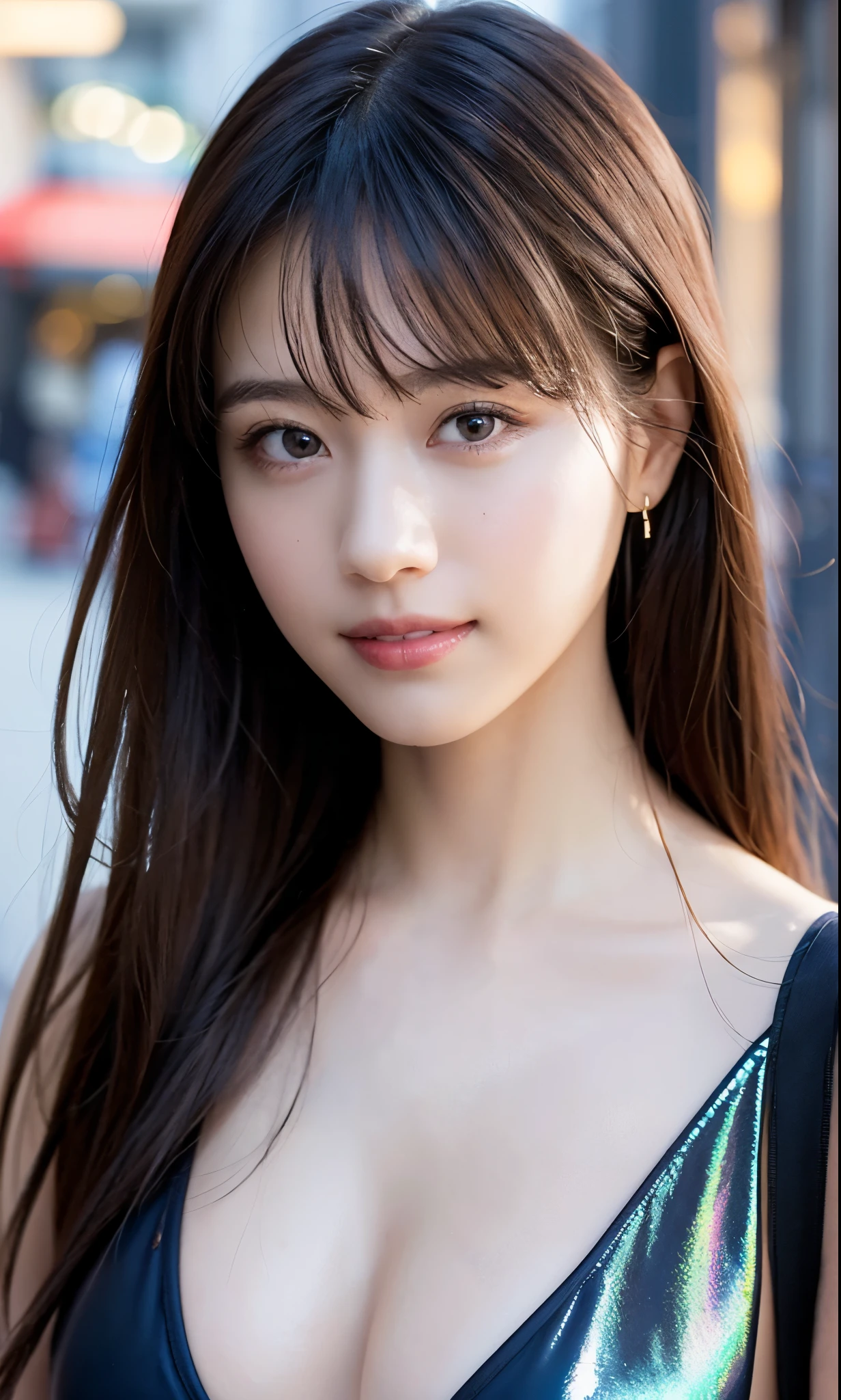 realistic, high quality, a bikini girl walking on street, Detailed iridescent bodysuit with beautiful fractal or marble design:1.5, cleavage, beautiful face, beautiful lips, golden long hair, high quality, insane details, professional lighting, cool pose, cinematic, 8k wallpaper, smiling, sharp
