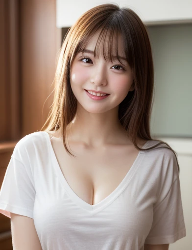 Enhanced Dynamic Perspective,Cute pretty beautiful girl、teacher,(Large Breasts:1.3), Big Breasts, Flowing sweat, Narrow shoulders,(V-neck T-shirt:1.4), See through, Look at me and smile,Simple Background,Masterpieces,high quality,4K resolution,Ultra-fine,More about pubic hair,Accurate,Cinema Lighting,Keep the original face proportions、(Big ample breasts)、
