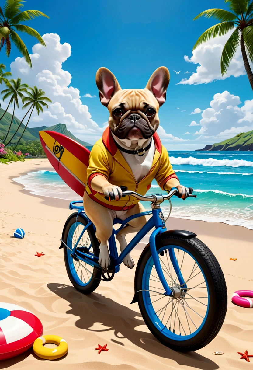 (Highest quality,4K,8k,High resolution,)A private beach in Hawaii at noon、Infinity symbol,3D Model,Colorful colors,Landscape Background、pop、From the central viewer'Perspective、Midsummer style fashion、A light grey French bulldog surfing、Multiple French Bulldog Bike Buddies。Very delicate