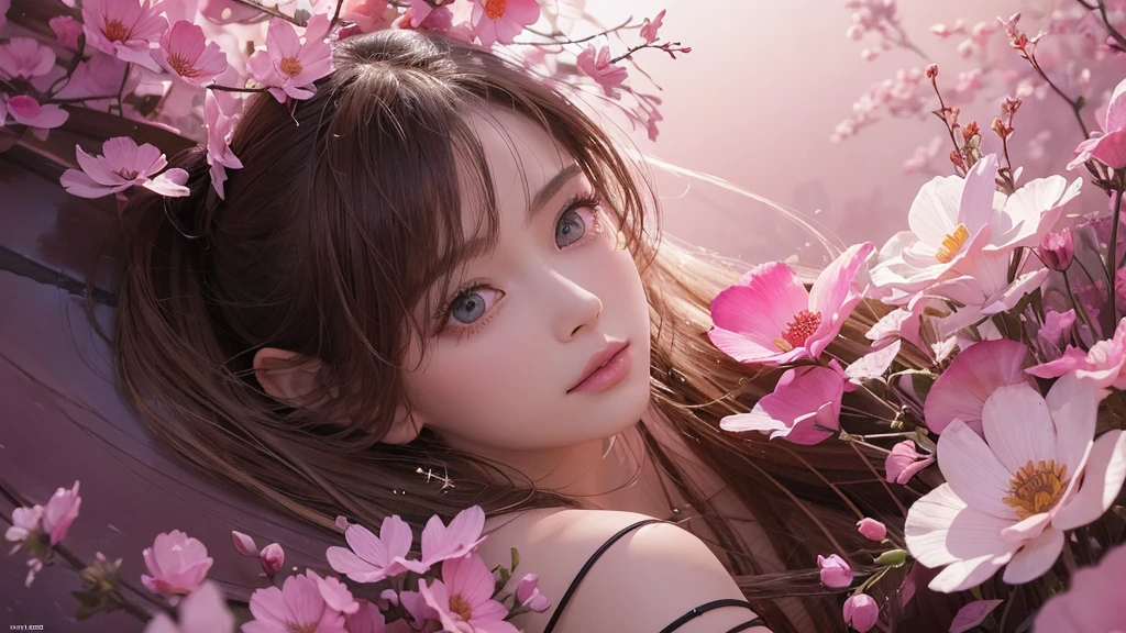 32k, Masterpiece, Highest quality, One girl, Detailed eyes, flower,Sandersonia, Pink and brown style,A dreamy, romantic piece,Pale pink, Mysterious Leaves,A playful arrangement,Fantasy,High Contrast,Ink strokes,explosion,Exposure, Impression of pink and brown tones,Abstract,((Watercolours by John Berkey and Jeremy Mann )) Brush strokes,Negative Space, Tyndall effect,