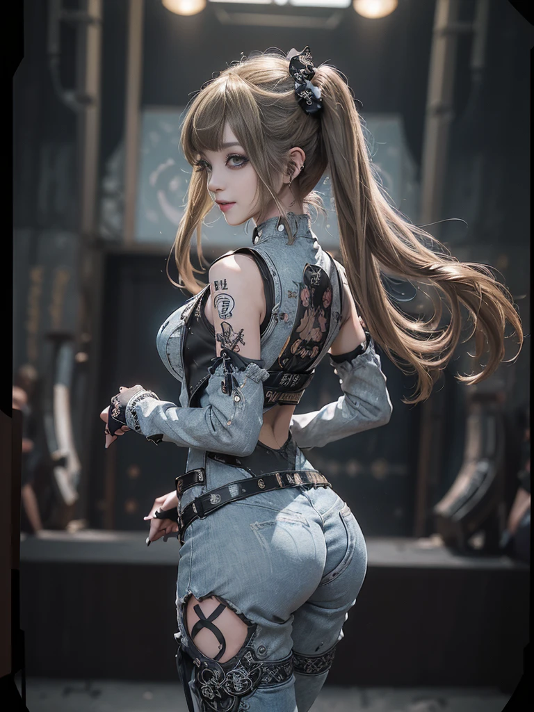 (Full Body View:1.4)、(Back view:1.3)、(Smiling with teeth showing:1.3),(Shibuya Gal:1.5)、(Gothic Lolita style fashion:1.5)、(Punk RockVisual Kei:1.5)、(Wearing a rhythmic gymnastics bodysuit with intricate details:1.4)、(Racing suit and pants with intricate decorations in white, denim and charcoal:1.5)、(Denim and light blue and white boots:1.3)、((belt))、(Numerous delicate logo marks all over the costume:1.4)、(collar:1.3)、(Polka dot underwear:1.5)、20-year-old、NSFW、((Highest quality、In 8K、masterpiece:1.3))、Sharp focus:1.2、(Layered Cut、Huge boobs:1.1),Beautiful woman with perfect figure:1.4、(do a gravure pose:1.3)、Slender Abs:1.2、Highly detailed face and skin texture、Detailed eyes、double eyelid,(Twin tails:1.3)、(Brown-golden hair:1.3)、Gravure idol、(The background is the stage of the fashion show:1.3)、(Slim body:1.3),(Make your legs thinner:1.4),(clavicle:1.1)