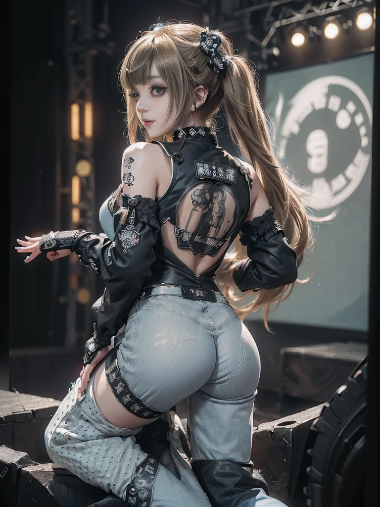 (Full Body View:1.4)、(Back view:1.3)、(Smiling with teeth showing:1.3),(Shibuya Gal:1.5)、(Gothic Lolita style fashion:1.5)、(Punk RockVisual Kei:1.5)、(Wearing a rhythmic gymnastics bodysuit with intricate details:1.4)、(Racing suit and pants with intricate decorations in white, denim and charcoal:1.5)、(Denim and light blue and white boots:1.3)、((belt))、(Numerous delicate logo marks all over the costume:1.4)、(collar:1.3)、(Polka dot underwear:1.5)、20-year-old、NSFW、((Highest quality、In 8K、masterpiece:1.3))、Sharp focus:1.2、(Layered Cut、Huge boobs:1.1),Beautiful woman with perfect figure:1.4、(do a gravure pose:1.3)、Slender Abs:1.2、Highly detailed face and skin texture、Detailed eyes、double eyelid,(Twin tails:1.3)、(Brown-golden hair:1.3)、Gravure idol、(The background is the stage of the fashion show:1.3)、(Slim body:1.3),(Make your legs thinner:1.4),(clavicle:1.1)