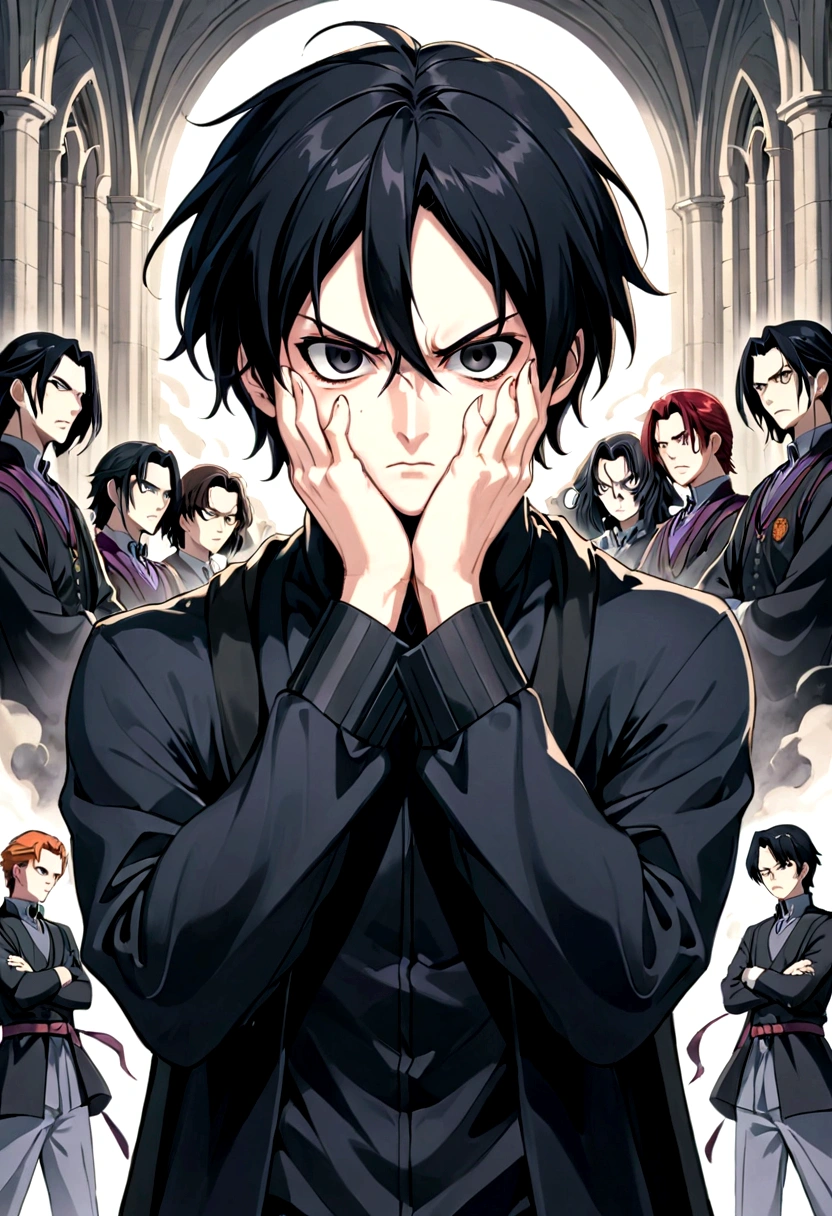 anime character young severus snape  black hair and black eyes holding his hand to his face, highly detailed angry anime face, hogwarts studen , jojo anime style, anime style hyper detailed, baki style, jujutsu kaisen, angry look, kentaro miura manga art style, devious evil expression, scary angry pose, yukio - e, shinji, evil expression