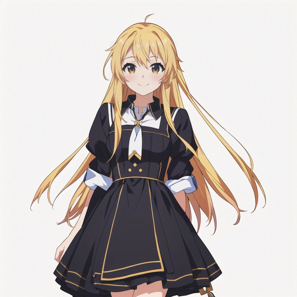 Highest quality, high resolution, High quality anime art style, Official Art, Smooth anime CG art, Stylized anime, Cute 3D anime girl render, Visual Novel Sprites, White background, whole body, Anime-style 3D, Smooth anime CG art, Humanoid Girl, JRPG Characters, Anime girl with long hair and a black dress with a white collar, smile, Golden Hair, Long Hair, Lori, Small Bust, Small breasts, 13 years old