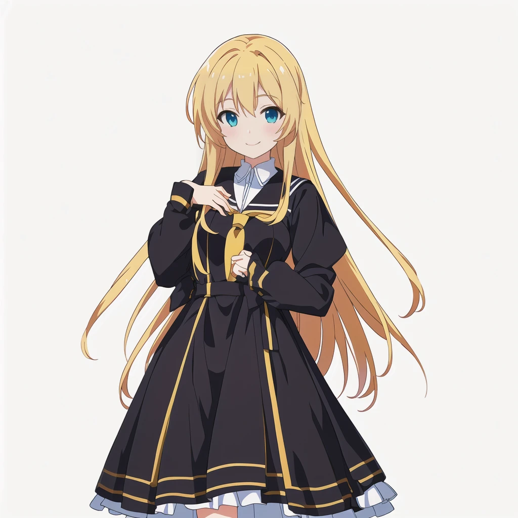 Highest quality, high resolution, High quality anime art style, Official Art, Smooth anime CG art, Stylized anime, Cute 3D anime girl render, Visual Novel Sprites, White background, whole body, Anime-style 3D, Smooth anime CG art, Humanoid Girl, JRPG Characters, Anime girl with long hair and a black dress with a white collar, smile, Golden Hair, Long Hair, Lori, Small Bust, Small breasts, 13 years old