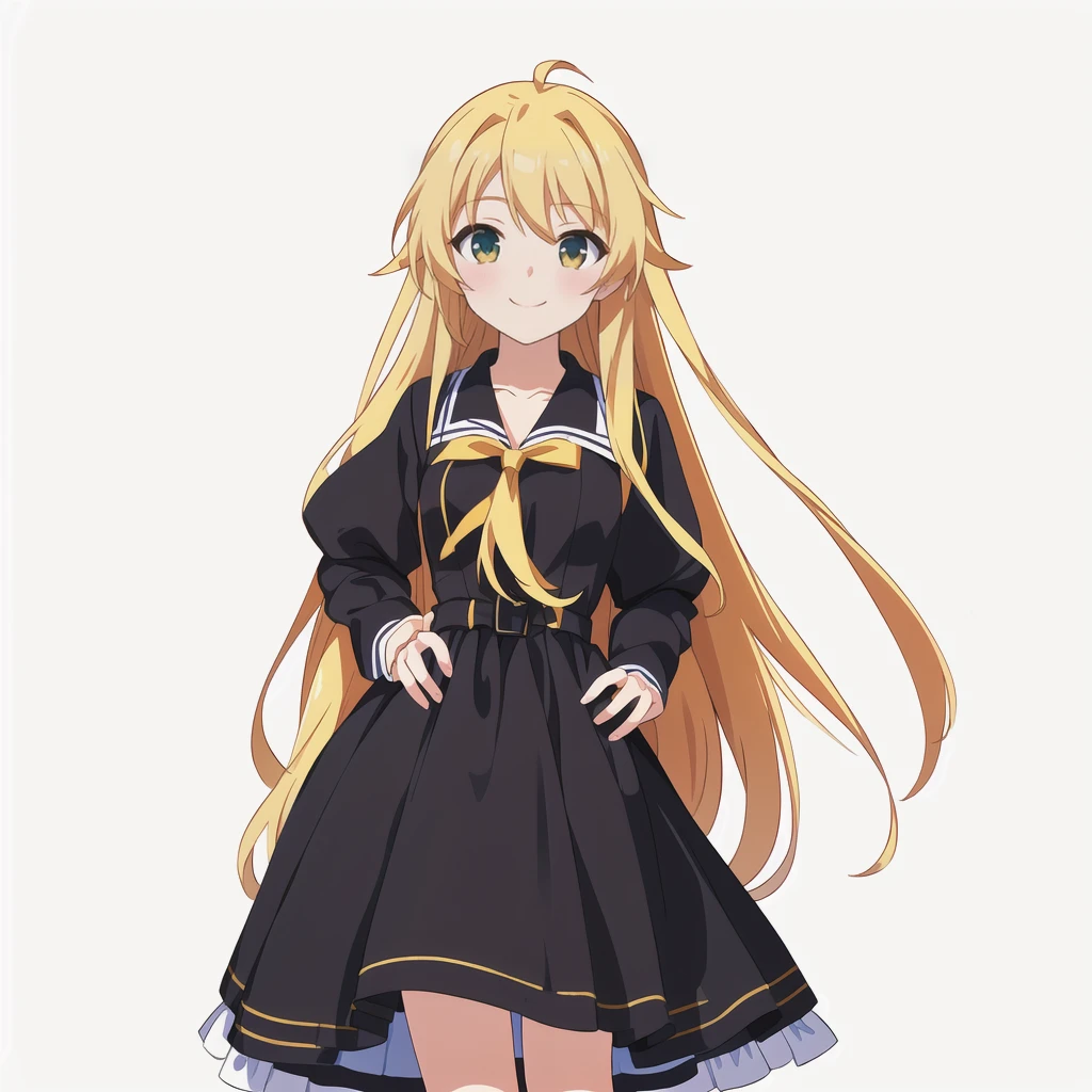 Highest quality, high resolution, High quality anime art style, Official Art, Smooth anime CG art, Stylized anime, Cute 3D anime girl render, Visual Novel Sprites, White background, whole body, Anime-style 3D, Smooth anime CG art, Humanoid Girl, JRPG Characters, Anime girl with long hair and a black dress with a white collar, smile, Golden Hair, Long Hair, Lori, Small Bust, Small breasts,