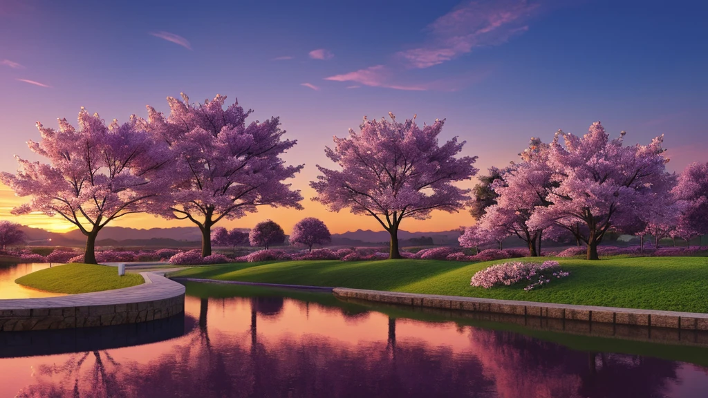 create 3D wallpaper, purple sky cherry blossom sunrise, super realistic, super detail, best quality, high res16K