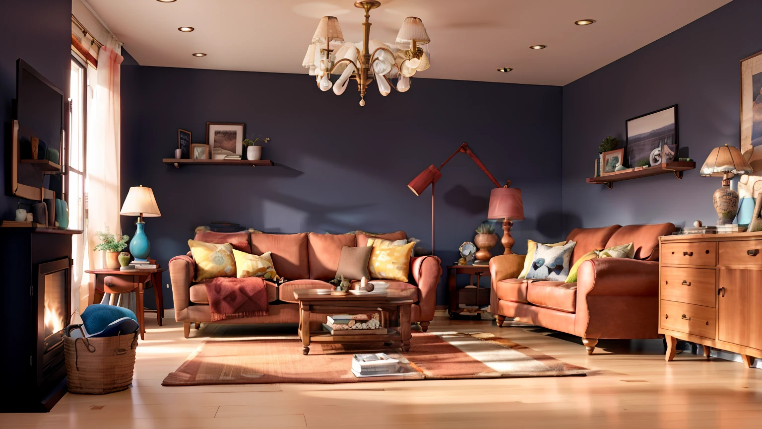 Cartoonish living room. ((best quality))