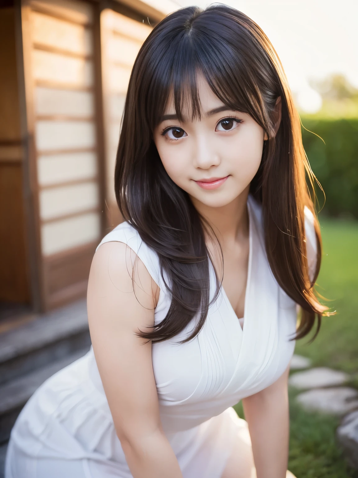 (Best-quality, Masterpiece, Ultra-High-Resolution, (Photorealistic:1.4), Raw Photo, depth of field, professional lighting, perfect anatomy, extremely details), 1girl, the most famous Japanese idol, wearing long-dress, looking down, innocent smile, (extremely cute and extremely realistic face like the most popular Japanese idol, ((extremely cute and extremely realistic big-eyes)), extremely cute and extremely realistic hair), (((extremely cute and extremely realistic skins))), extremely cute body, extremely cute thighs, dynamic pose